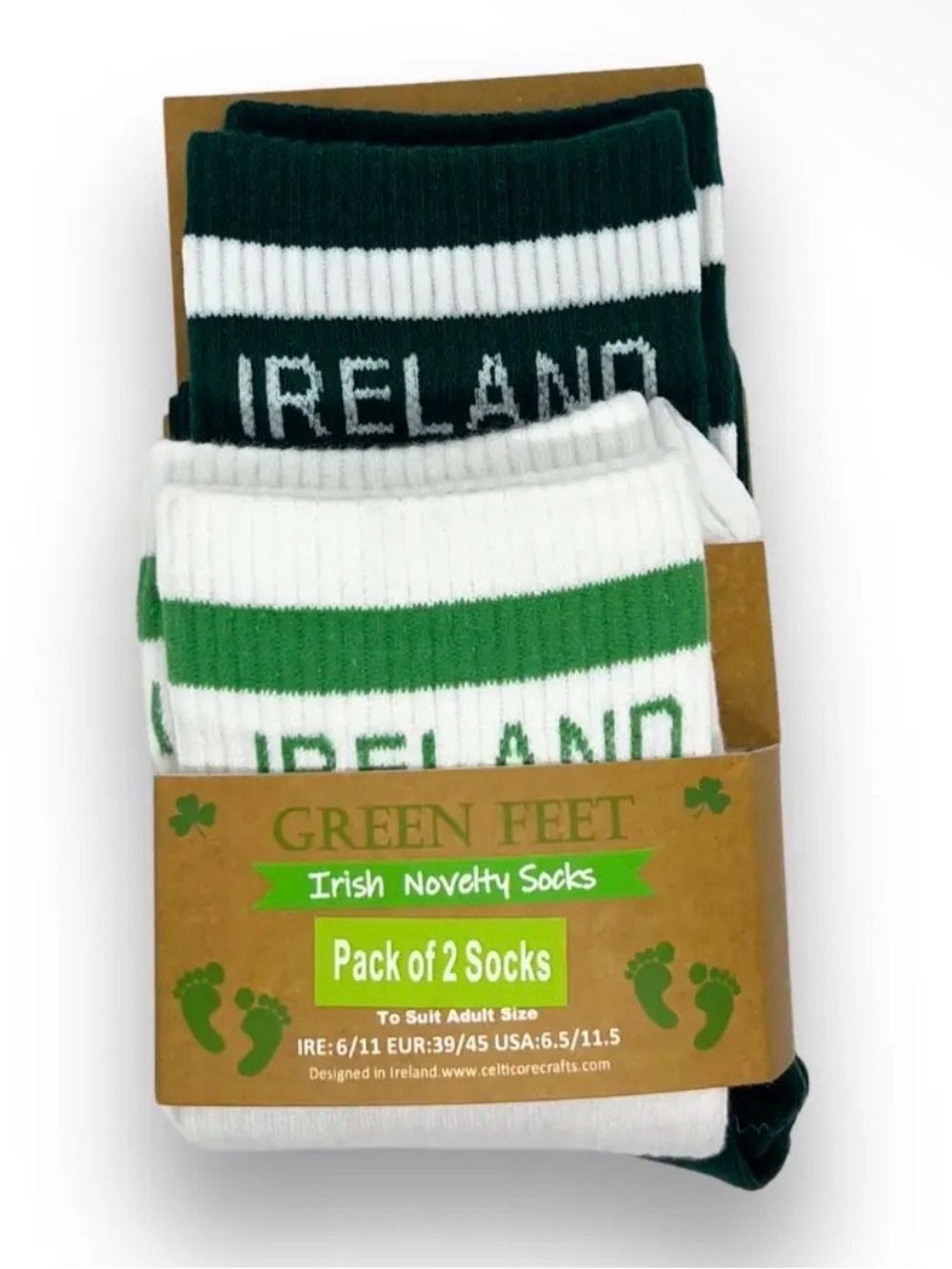 Green Feet Ireland Crew Socks - Pack of 2 (Green & White)